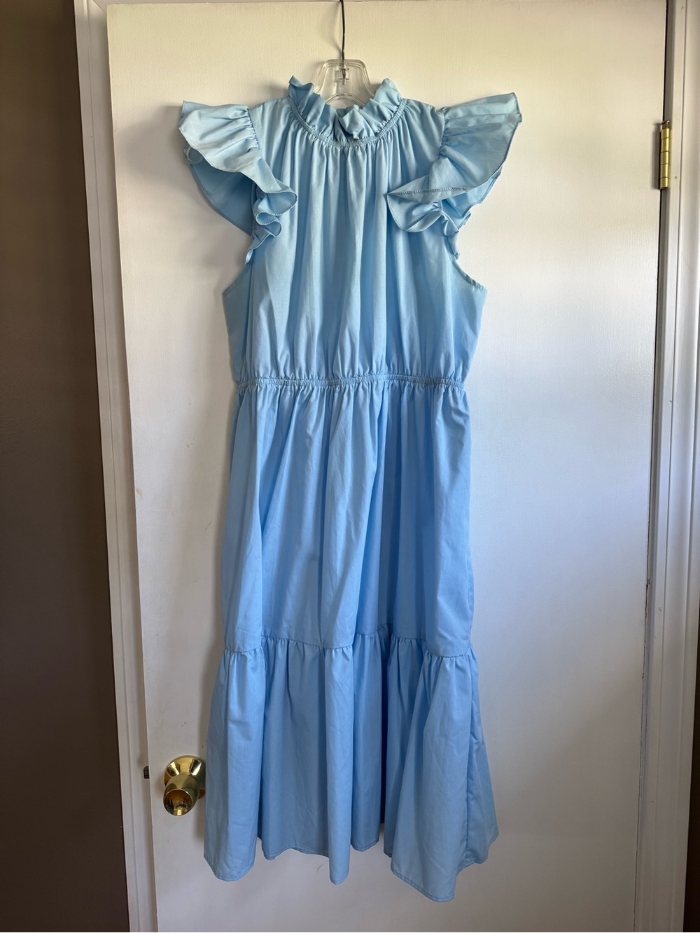 Light Blue Midi Dress with Ruffle Shoulders